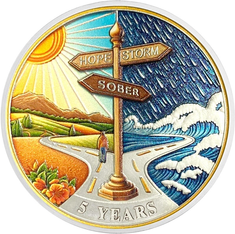 Imasoner 5 Year Sobriety Coin Gifts | Road Sign Sobriety AA Coins - HA AA Chip Medallion with Serenity Prayer | Narcotics Alcoholics Anonymous Gifts for Anniversary Year for Men & Women in Recovery - Image 1